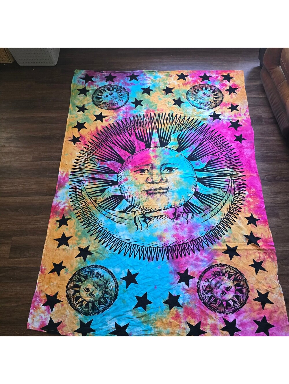 Vintage Boho Celestial Sun Moon Stars Tie Dye Tapestry Made in India 54×127
